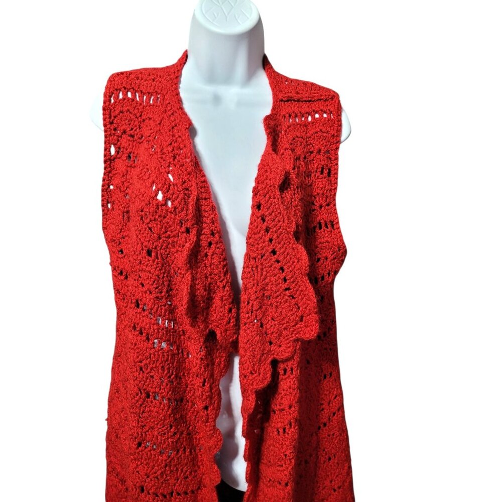 Vintage Hand Crochet Boho Hippie Long Sweater Vest Open Cardigan M‎ Red